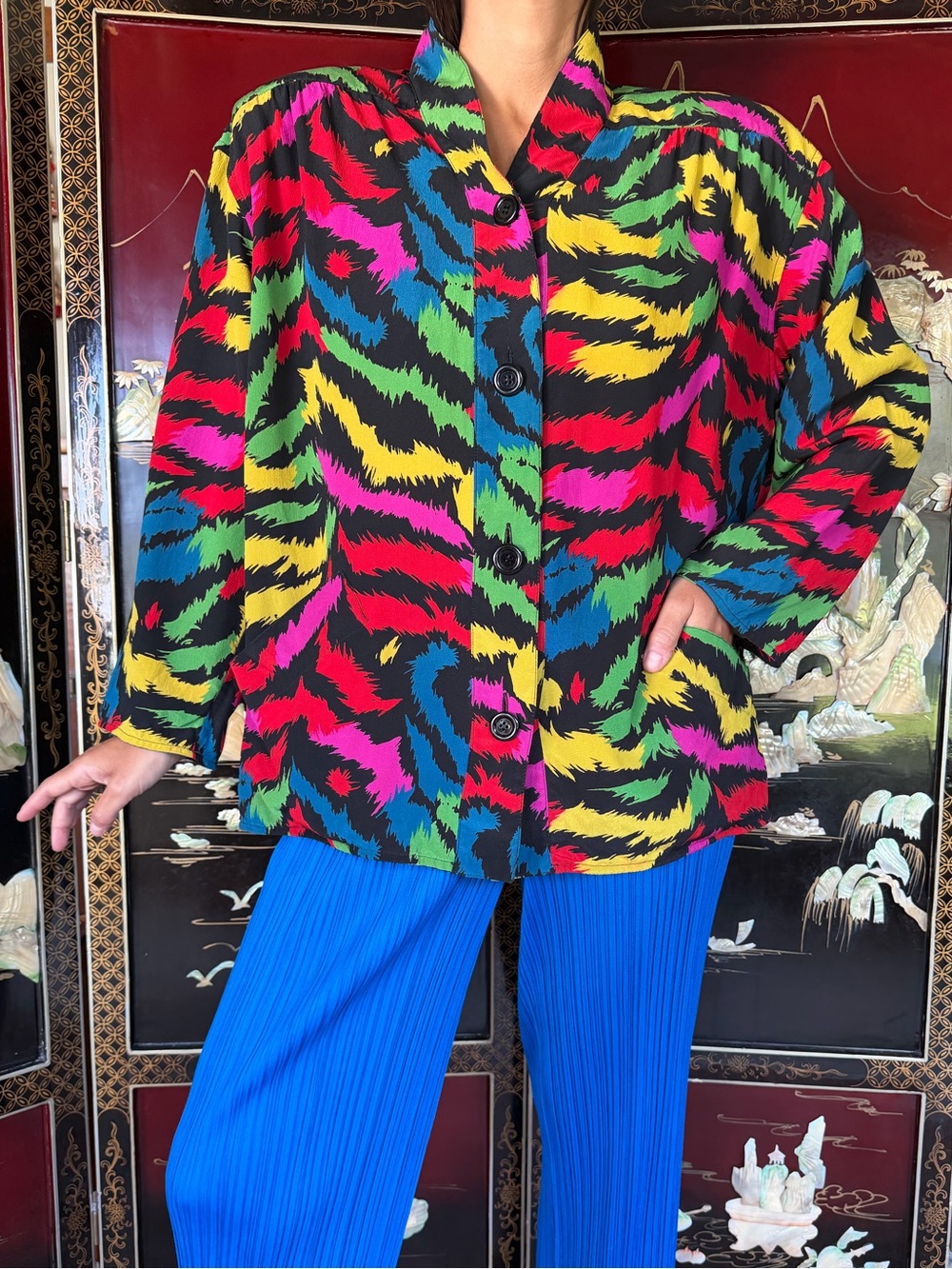 Vintage 80s Ungaro Silk rainbow animal print shirt